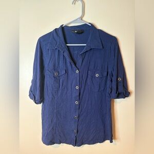 Style & Co. Navy Button Front Short Sleeve Blouse EUC